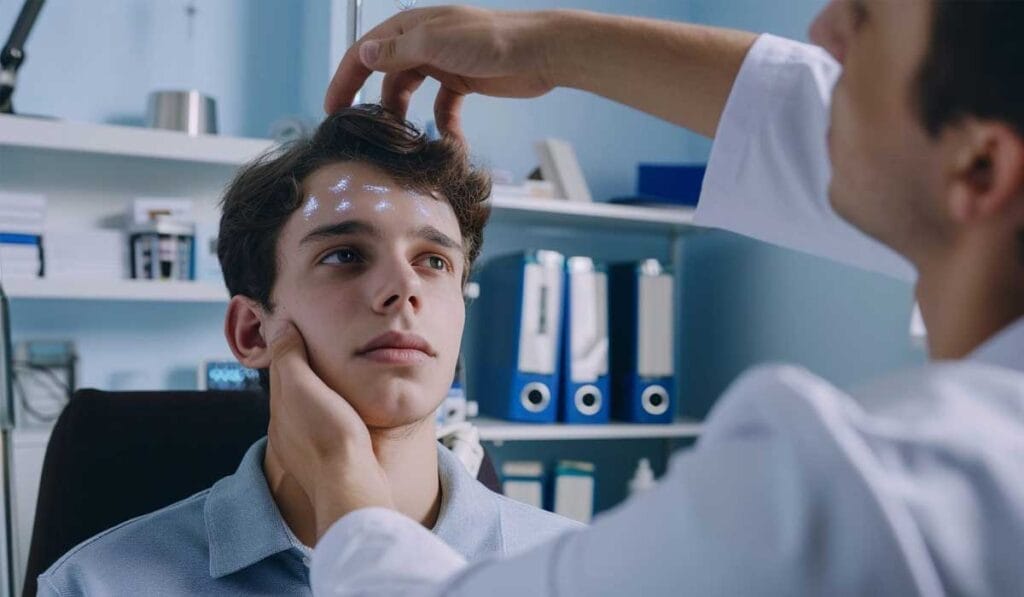 A medical professional examines a young man's head in a clinical setting. The doctor is touching the patient's forehead and chin. Shelves with medical files and equipment are visible in the background.