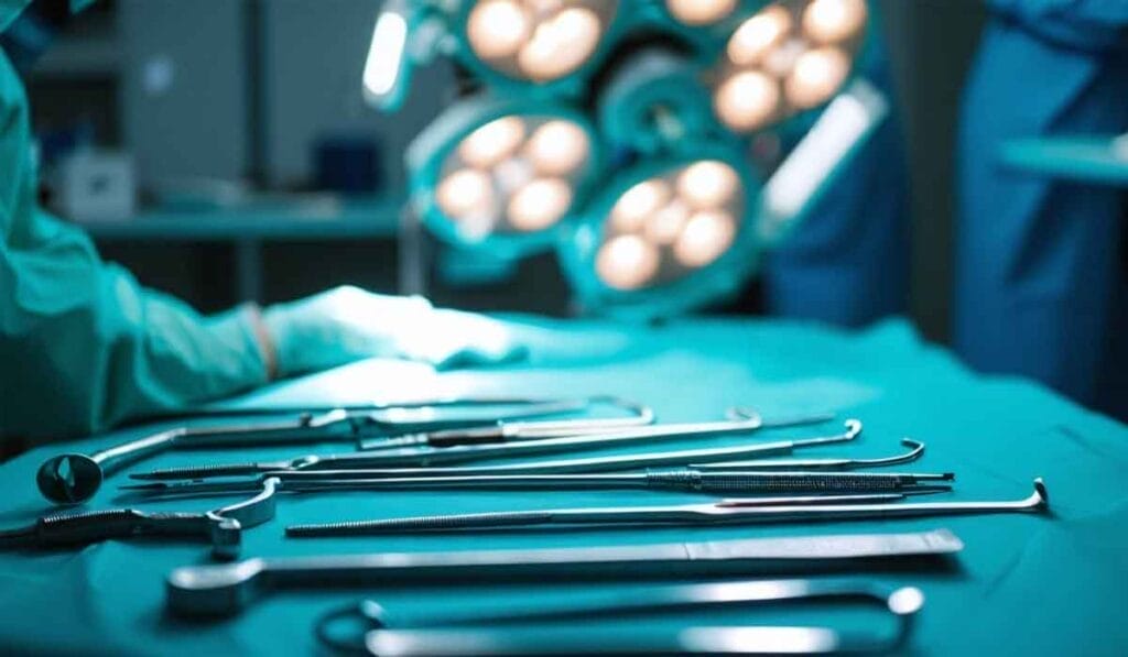 A surgical table with various surgical instruments neatly arranged. Two medical professionals in scrubs are partially visible in the background under operating lights.