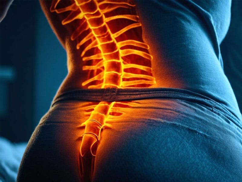 A glowing illustration of a human spine is superimposed on the back of a person wearing a gray shirt, highlighting the spine's structure.