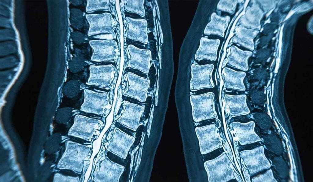 Imagen de resonancia magnética que muestra una vista detallada de una columna vertebral humana con vértebras y discos intervertebrales visibles.