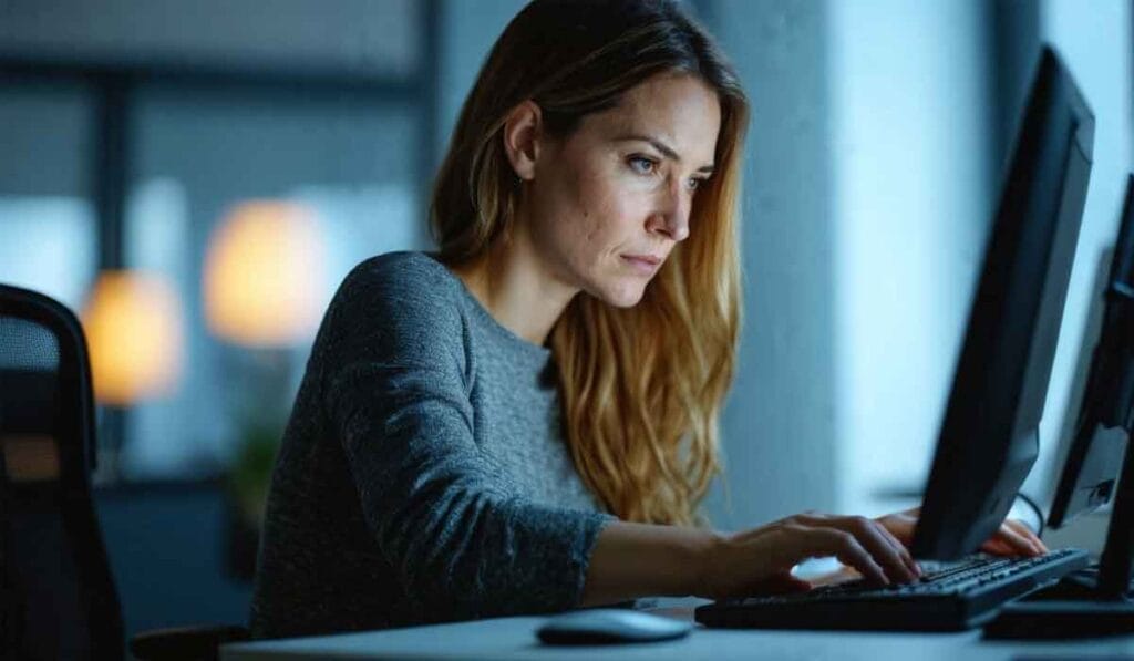 Una mujer con cabello largo trabaja intensamente en una computadora en una oficina poco iluminada.