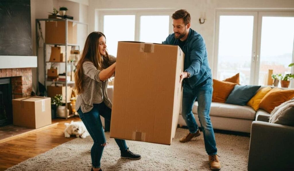 A woman and a man are lifting a large cardboard box together in a living room with packed boxes and furniture. A dog is lying on the floor in the background.