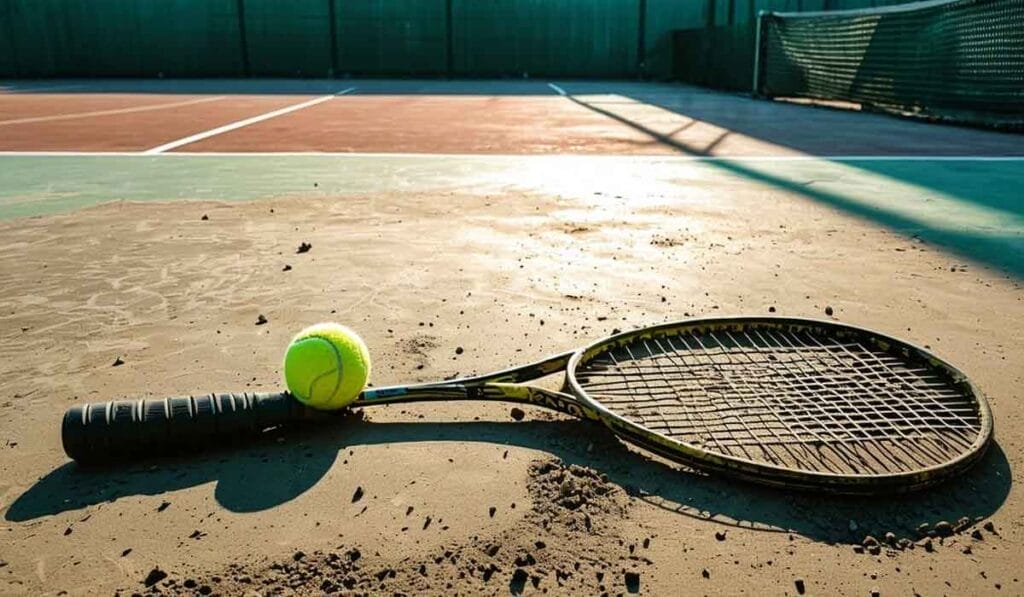 A tennis racket and a yellow tennis ball lie on a sunlit clay tennis court.