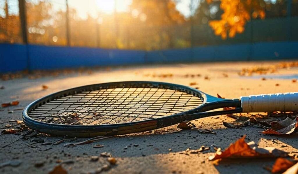 A tennis racket lies on an outdoor court scattered with autumn leaves, bathed in warm sunlight.