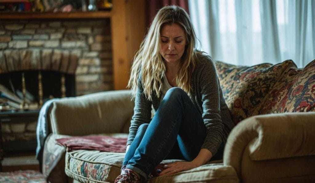 A woman sits on a couch, looking down with a contemplative expression. A fireplace and a window with curtains are in the background.