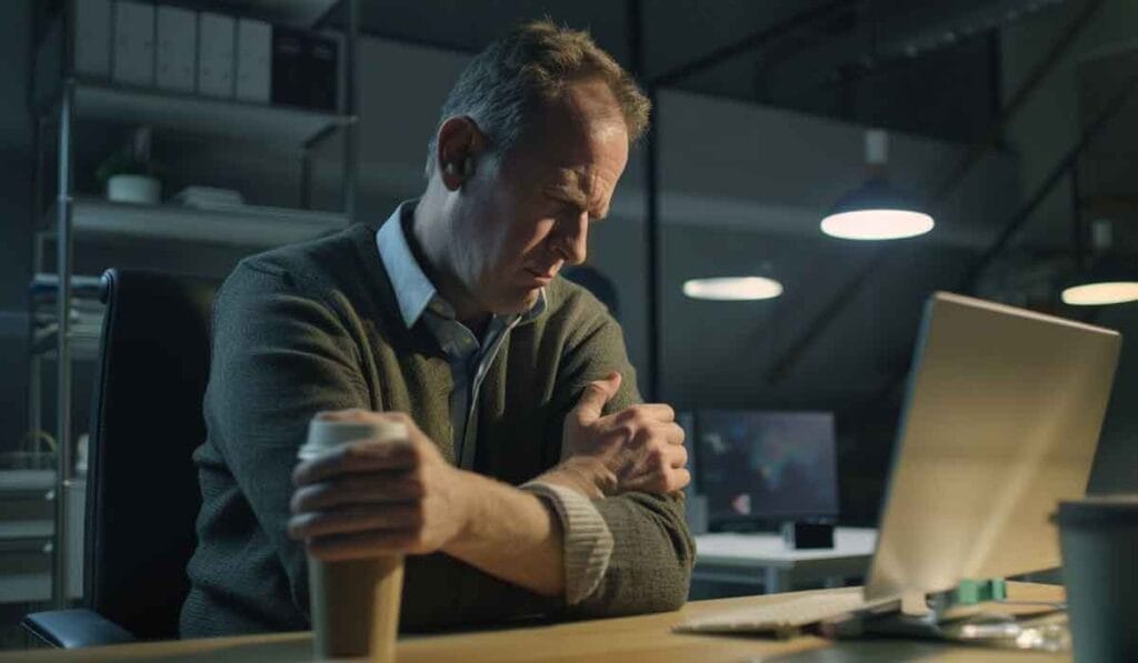 Middle-aged man in a dimly lit office, looking stressed with arms crossed and holding a disposable coffee cup. A computer monitor and shelves are visible in the background.