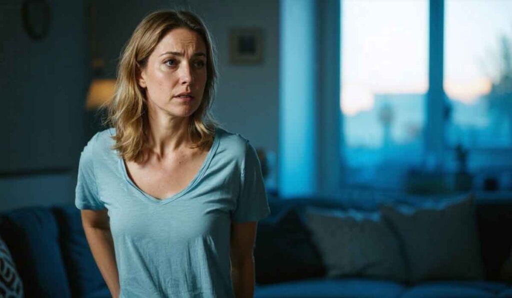 A woman with shoulder-length blond hair stands indoors in a dimly lit room, looking concerned. She is wearing a light blue shirt.