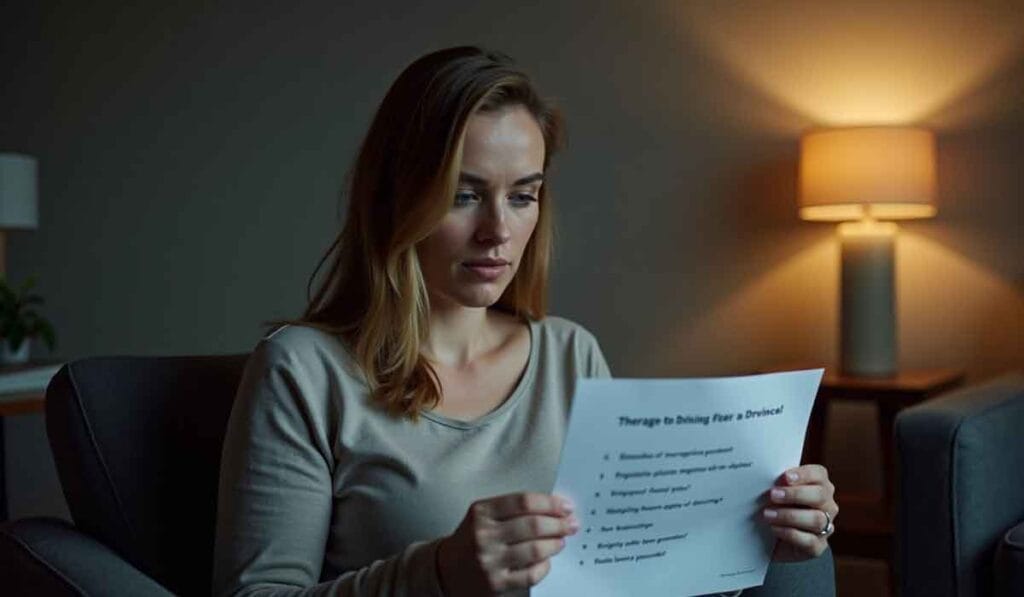 A woman sits on a couch, holding and reading a piece of paper. A lit lamp and a small plant are in the background.