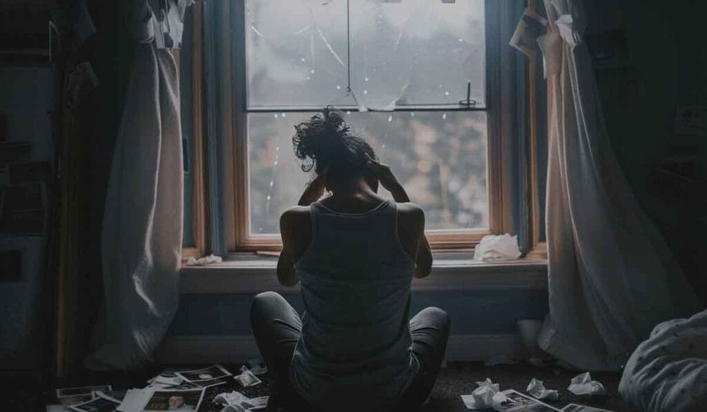 A person sits on the floor facing a window with torn curtains, surrounded by scattered papers and photographs.