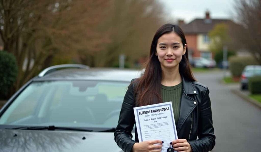 A woman stands in front of a parked car on a suburban street, holding a "Defensive Driving Course" certificate. She is wearing a black leather jacket and a green top.