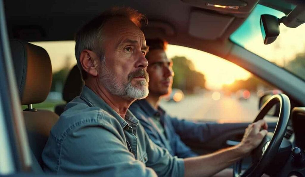 Two men are seated in a car. The older man with a gray beard is in the passenger seat, looking out the window, while the younger man in the driver’s seat focuses on the road ahead. It is sunset outside.