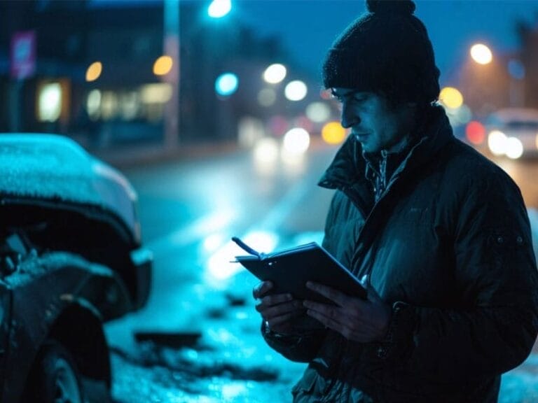 A person wearing a black jacket and beanie writes on a notepad at night, near a city street. A damaged vehicle is parked close by. The scene is illuminated by streetlights.