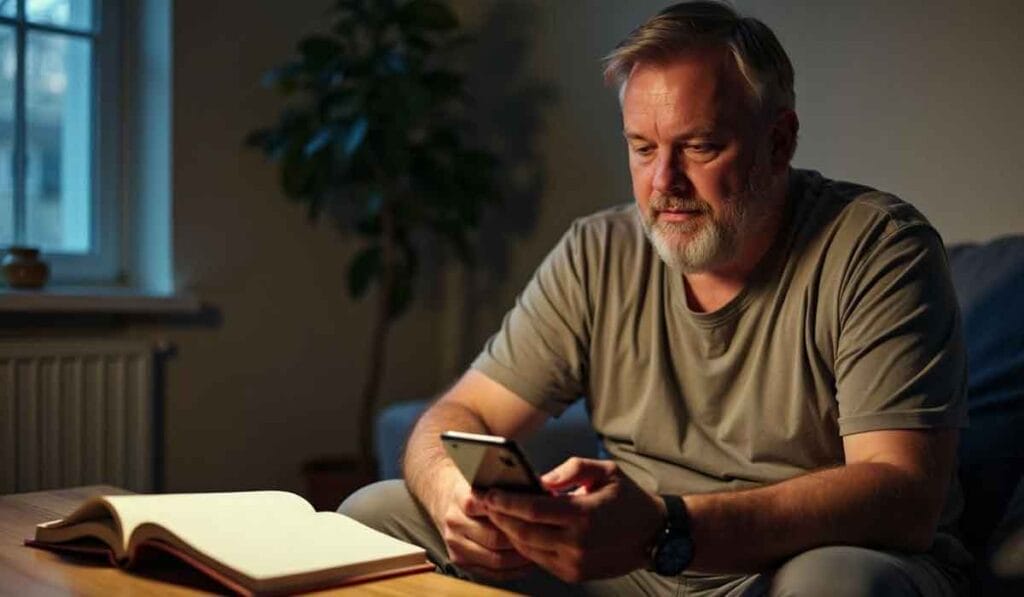 A bearded man sits on a couch, looking at his smartphone. An open book lies on the table in front of him.