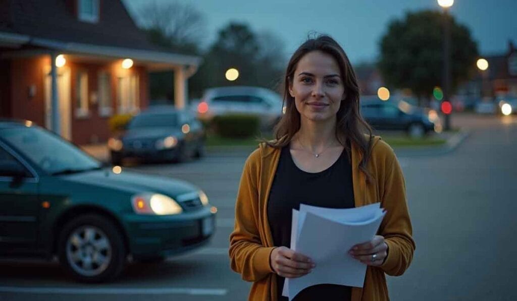 A woman stands in a parking lot holding papers. There are cars and a building with lighted windows in the background during early evening.