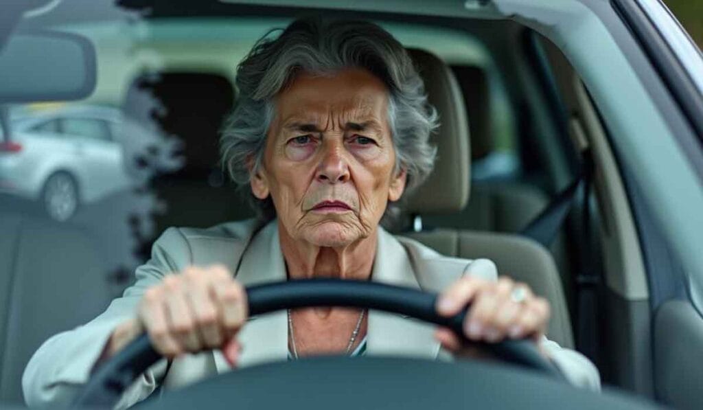 Elderly woman with gray hair driving a car, looking focused and serious.