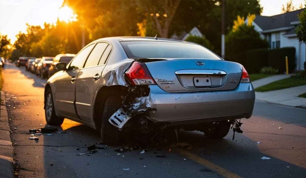 A silver sedan with rear-end damage is parked on the side of a residential street at sunset.