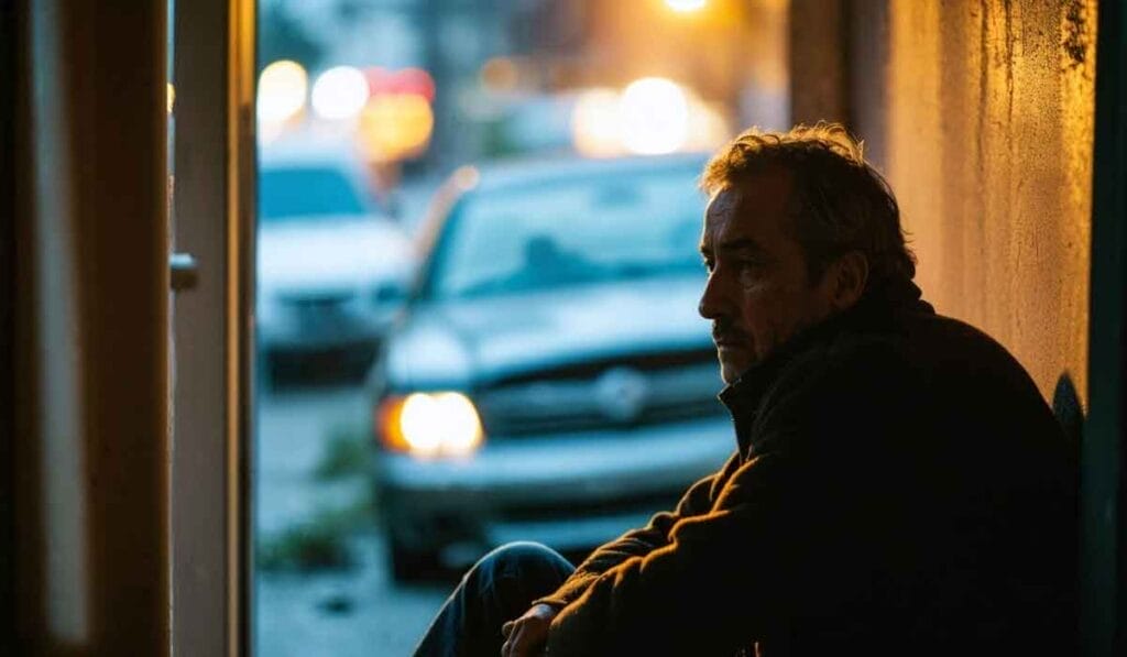 A man sits in a poorly lit alleyway, looking into the distance. Blurred cars and city lights are visible in the background.