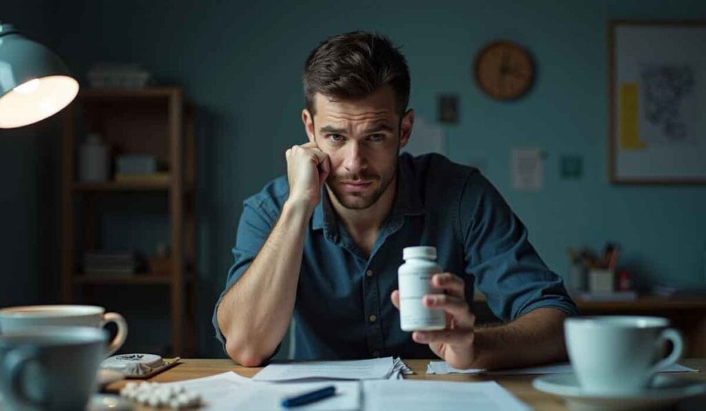 A man with a thoughtful expression holds a bottle of pills while sitting at a cluttered desk in a dimly lit room, surrounded by papers, cups, and a lamp.