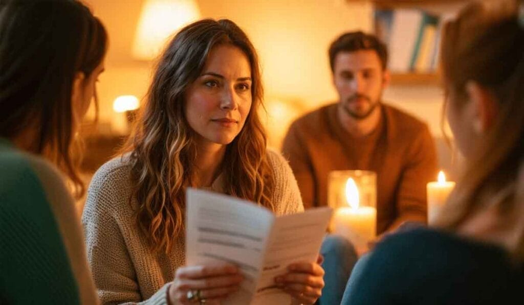 A woman holds a paper and sits with three others in a warmly lit room, possibly engaged in a discussion or meeting. Candles are placed around, enhancing the cozy ambiance.