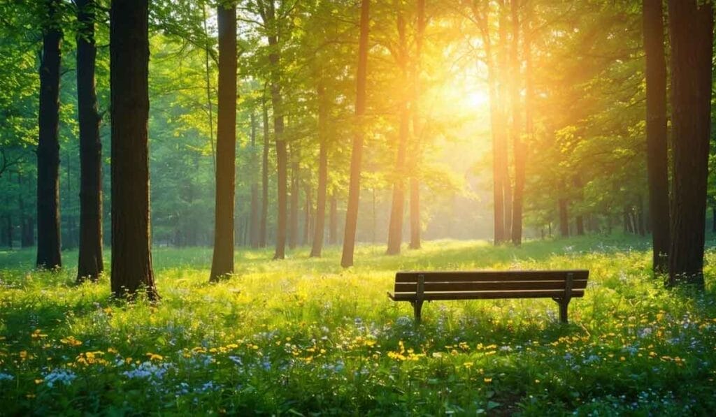 A wooden bench sits in a sunlit forest clearing, surrounded by green trees and wildflowers under a bright morning sky.