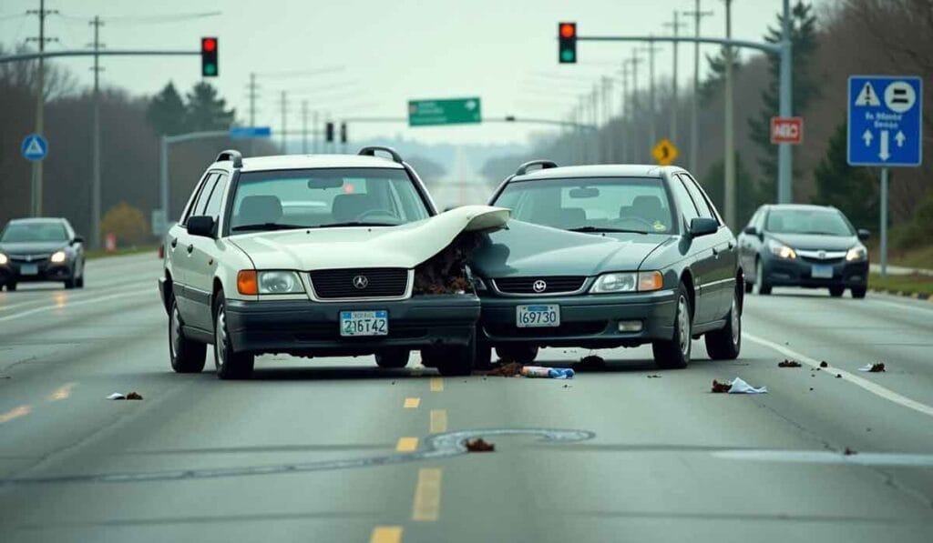 Two cars involved in a collision on a multi-lane road. The front ends of both vehicles are damaged. Traffic lights and road signs are visible in the background.