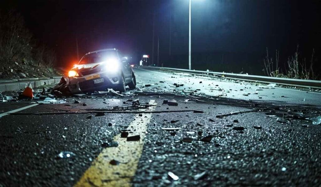 Nighttime car accident scene showing a damaged vehicle with smashed parts and debris scattered across a dimly lit road.