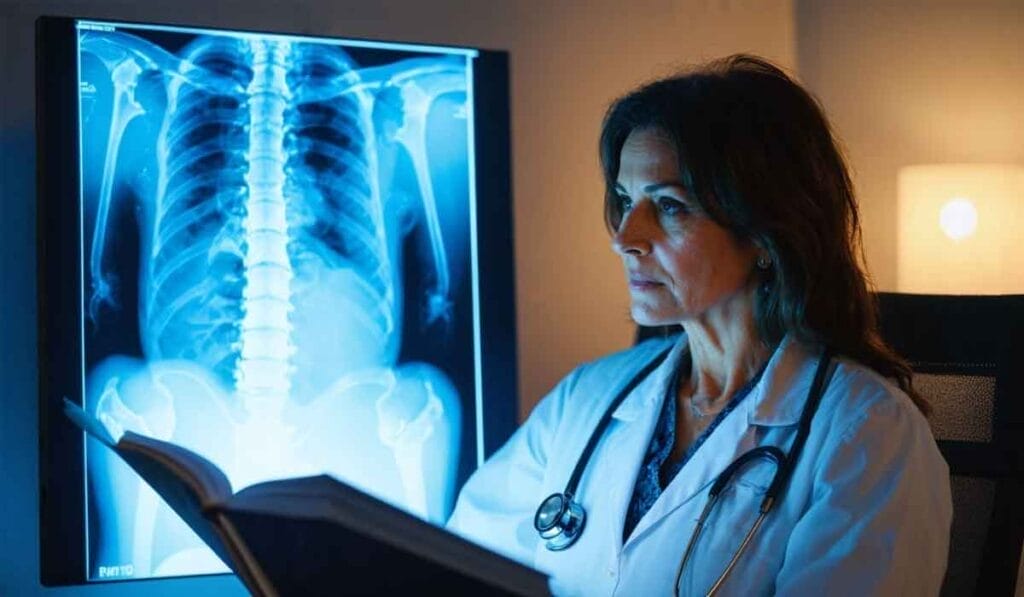 A doctor, wearing a white coat and stethoscope, examines a chest X-ray displayed on a lightbox.