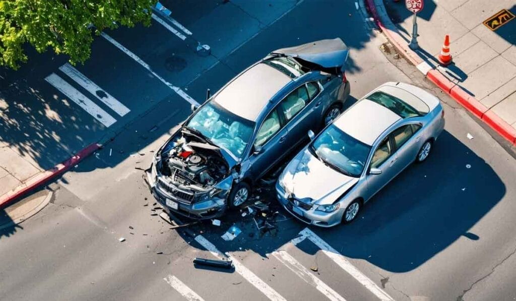 Two damaged cars in a crash at an intersection, one black and the other silver, with visible debris and a traffic cone nearby.