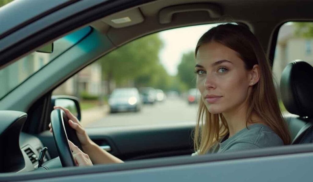 A woman with long hair, seated inside a car, looks to her left while holding the steering wheel on a residential street.