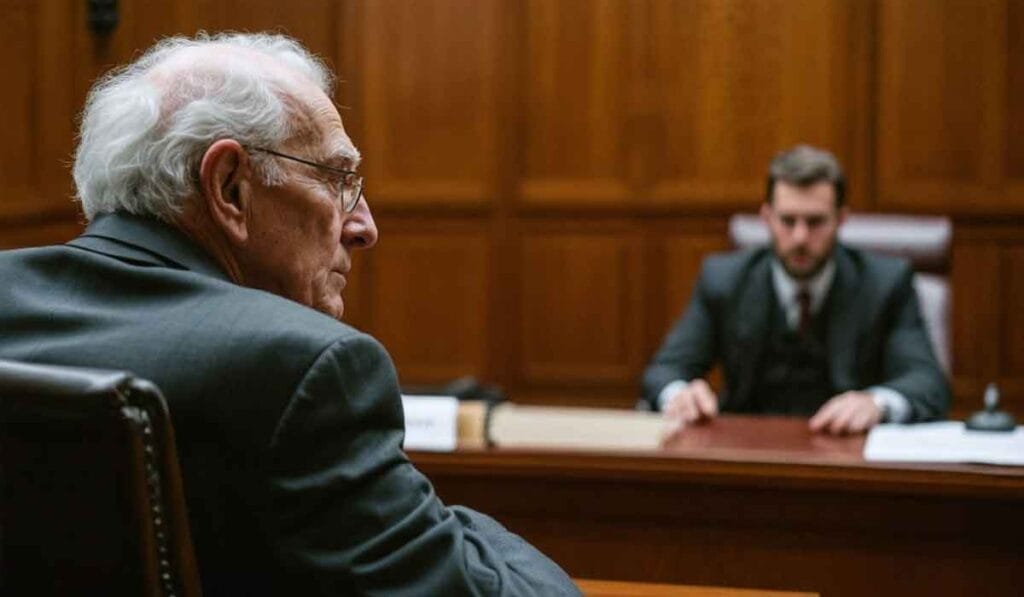 An elderly man in a suit sits in a courtroom, facing a judge seated at the bench.