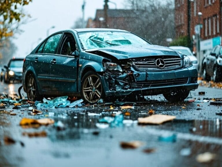 A dark-colored car with significant front-end damage is stopped in the middle of a wet street, surrounded by debris and fallen leaves.