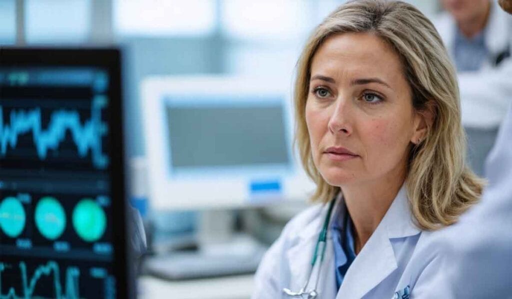 A focused doctor in a white coat looks at medical monitors displaying patient data in a hospital setting.