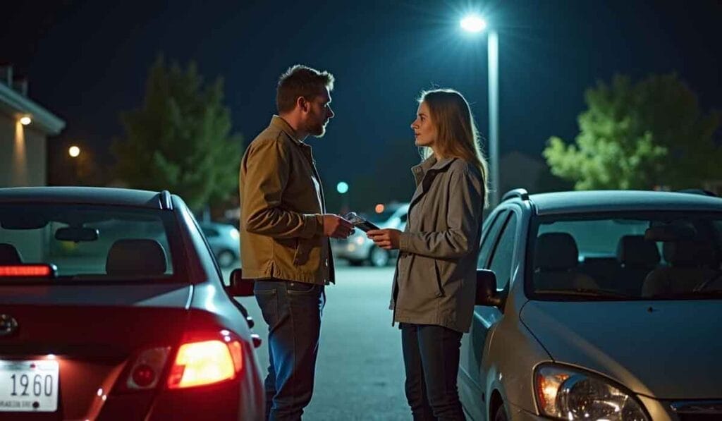 Two people are talking in a parking lot at night, standing between two parked cars with a streetlight illuminating the scene. The man holds a small object, possibly a card or paper.