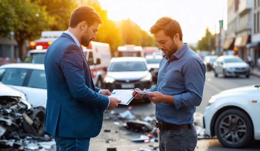 Two men exchange information after a car accident in the street, with damaged vehicles and emergency responders in the background.