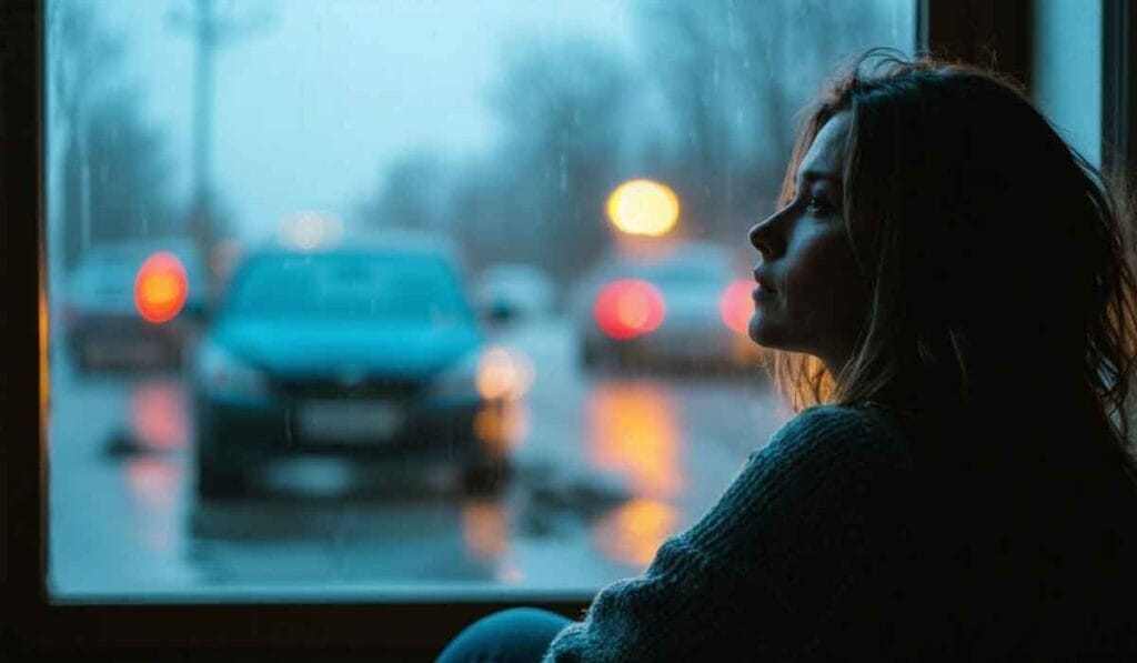 A woman gazes out of a window on a rainy day, with blurred car lights visible outside.