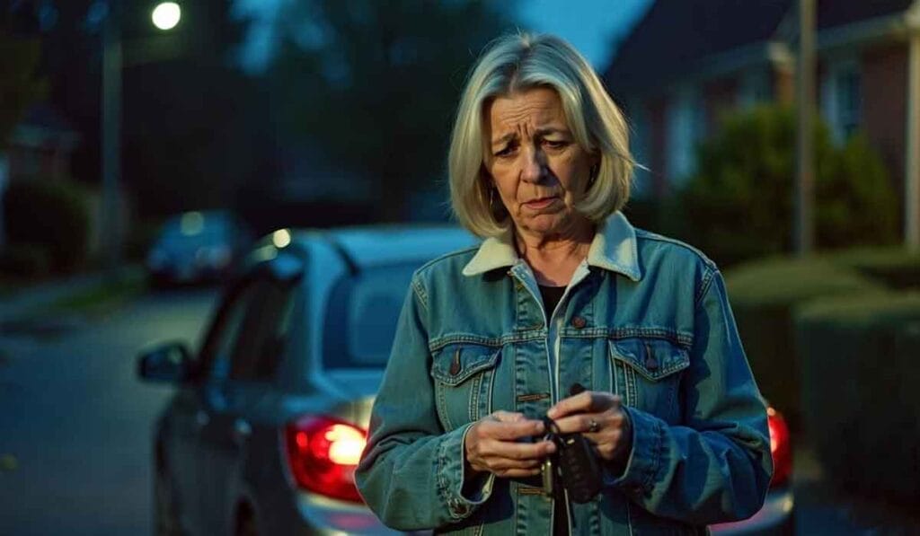 A woman with gray hair and a denim jacket stands on a suburban street at dusk, looking at a set of car keys in her hands, with a parked car visible in the background.