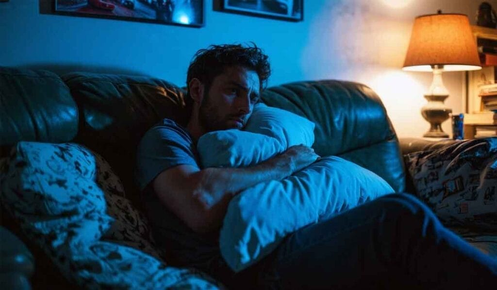 A man sits on a couch in a dimly lit room, cradling a pillow and staring ahead.