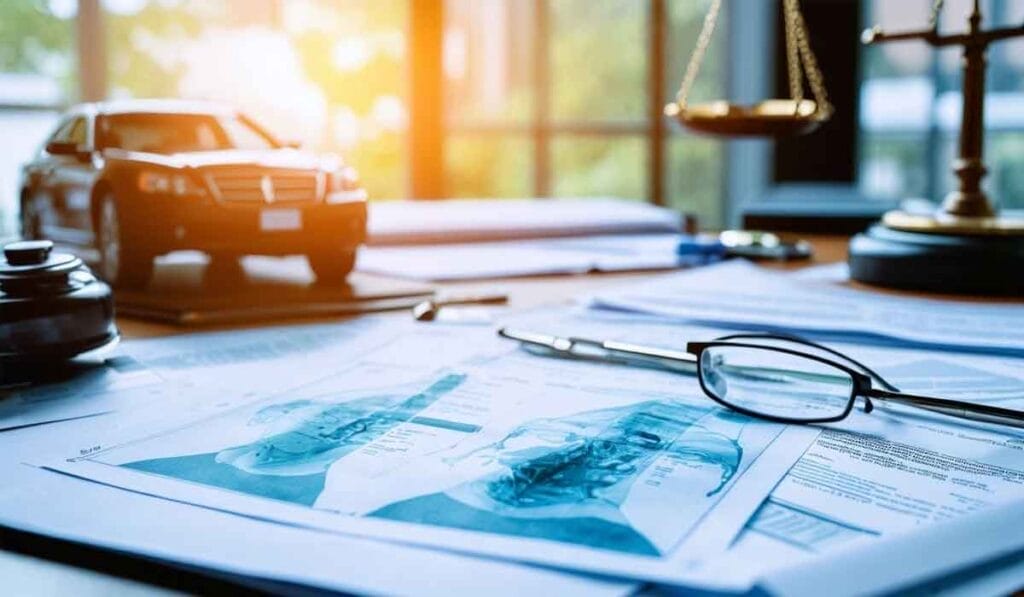 A cluttered desk with legal documents, a pair of glasses, a scale of justice, a model car, and a pen in a brightly lit office setting.