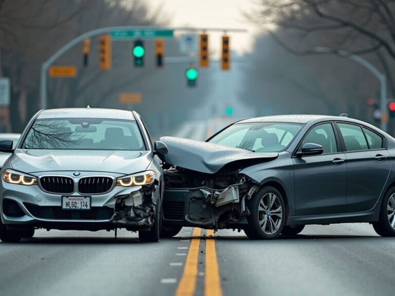 Dos automóviles chocaron en una intersección con un semáforo, lo que provocó importantes daños en la parte frontal de ambos vehículos.