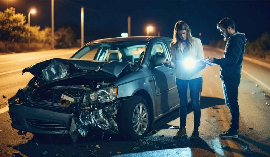 Two people stand by a heavily damaged car on a dimly lit road at night, likely assessing the situation or exchanging information.