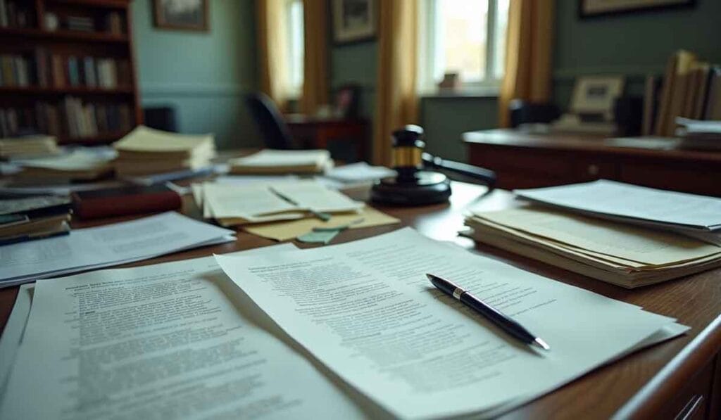 A cluttered office desk with stacks of documents, books, a gavel, and a pen on top of printed pages. Shelves with books and windows with yellow curtains are in the background.