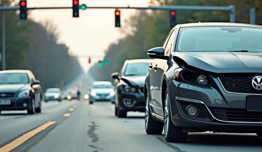 Cars driving on a multi-lane road with traffic lights in the background during daylight.