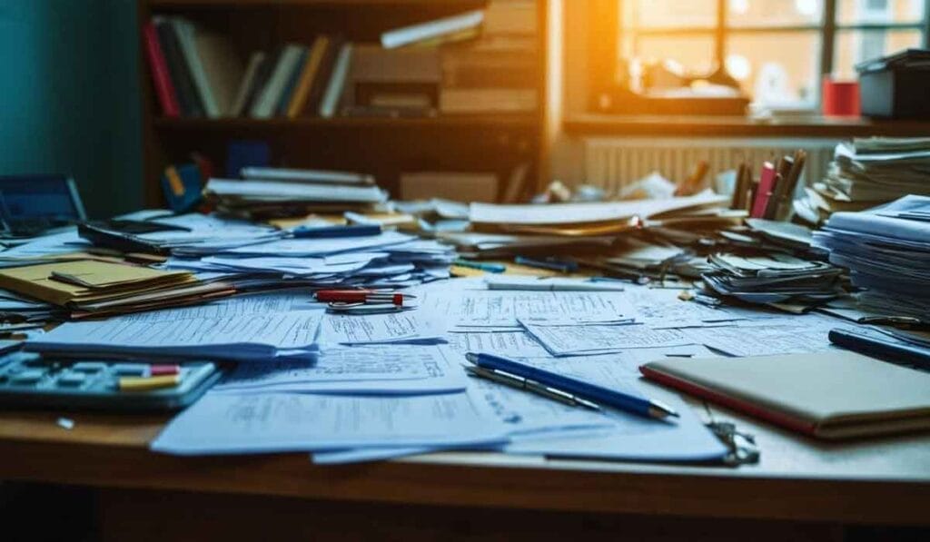 A cluttered desk filled with various papers, documents, books, and stationery. A window in the background lets in sunlight, highlighting the busy workspace.