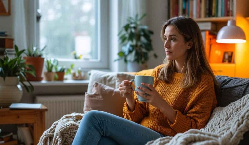 A woman in a yellow sweater sits on a cozy couch holding a mug in a well-lit living room with plants and books around her.