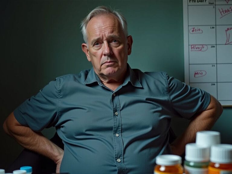 An older man with white hair and a serious expression sits in an office with a whiteboard behind him, several medication bottles visible in the foreground.