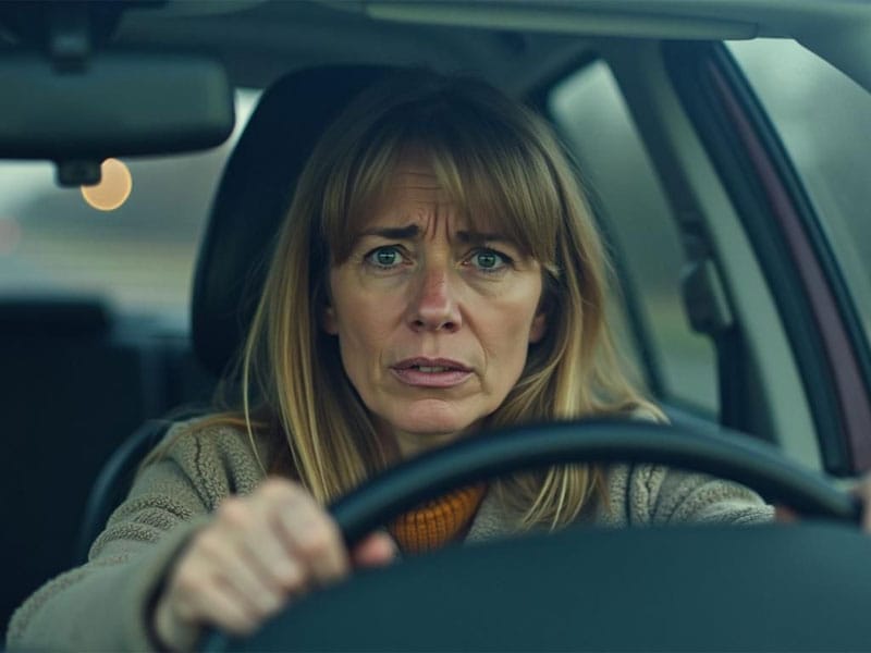 A woman with a concerned expression is driving a car, holding the steering wheel with both hands. The background is blurred, suggesting motion or focus on the woman.