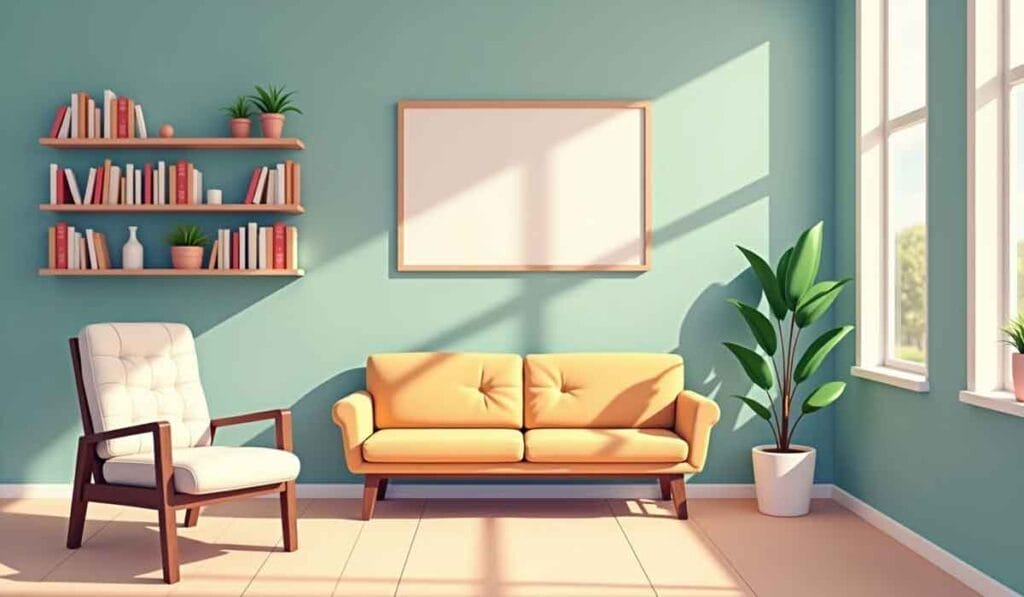 A well-lit living room with a yellow couch, white armchair, potted plants, shelves with books and decor, and a blank picture frame on the wall.