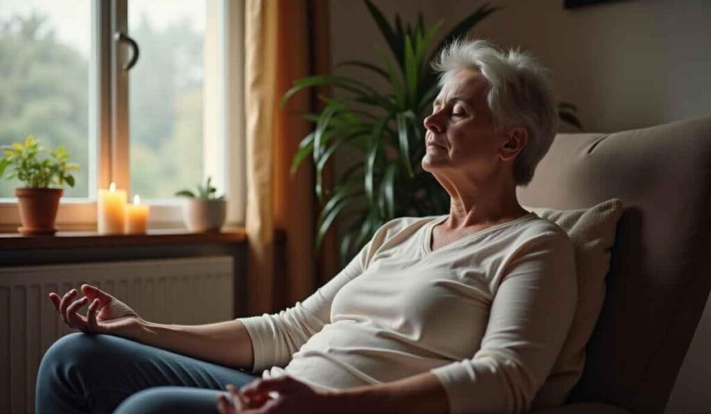 An elderly person sits in a chair with eyes closed, practicing meditation. Candles and plants are near the window in the background.