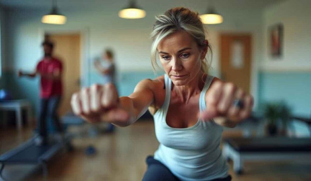 A woman in athletic wear exercises indoors, focusing intently. Two other individuals work out in the background. Gym equipment and modern lighting are visible.