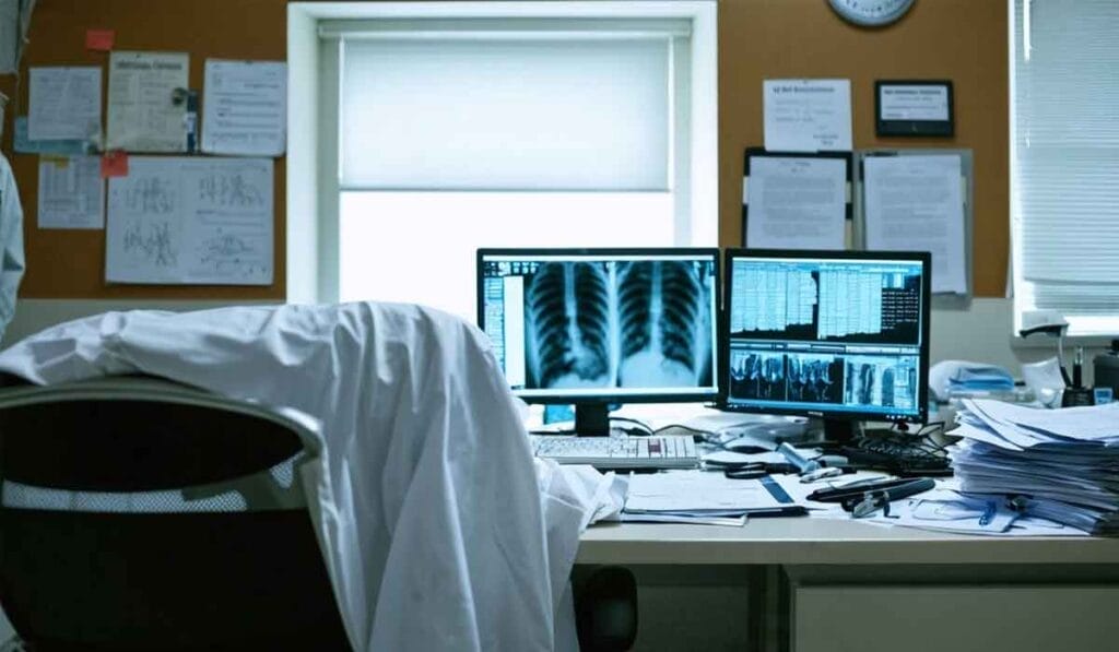 A medical office desk with two computer monitors displaying x-rays, a white lab coat draped over a chair, and piles of papers scattered on the desk near pinned documents on the wall.